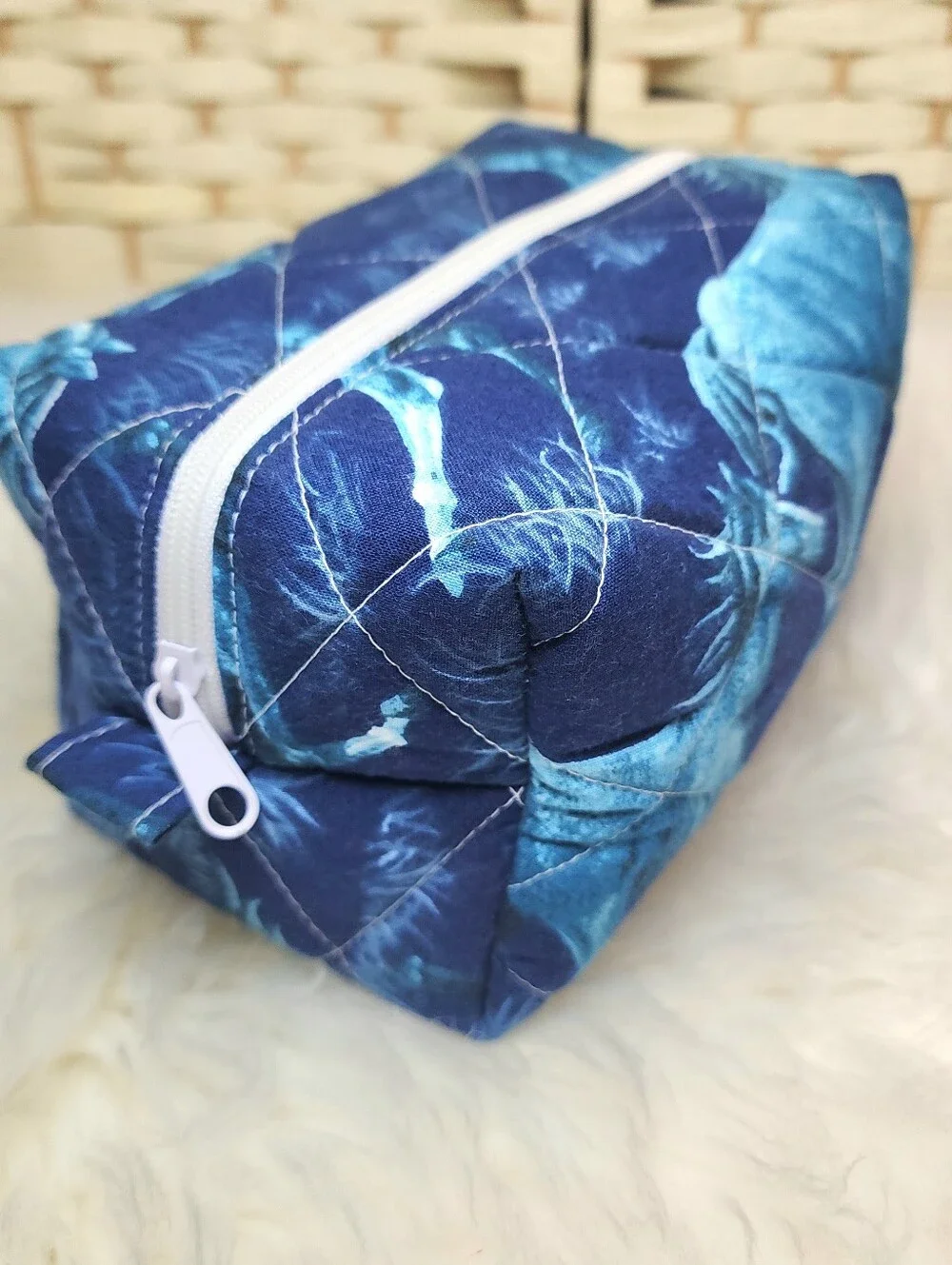 Handmade Quilted Boxy Bag Blue Vintage Horse Fabric Makeup Travel Lined